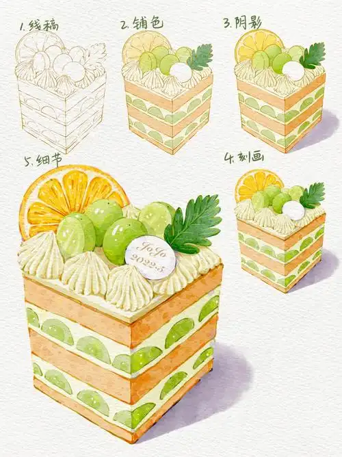 ipad水彩画美食青提咸奶油夹心蛋糕