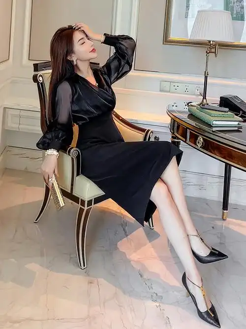 连衣裙女秋冬新款轻奢名媛气质性感包臀裙长袖修身显瘦职业ol女装