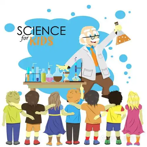 孩子们的的科学卡通科学家展示给孩子化学实验的实验室矢量图