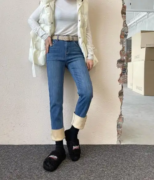 妙龄20689高腰卷边加绒小直筒牛仔裤女2021冬季新款加厚烟管裤潮