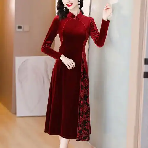 喜婆婆婚宴结婚结婚礼礼服金丝绒长款秋冬季长袖旗袍连衣裙