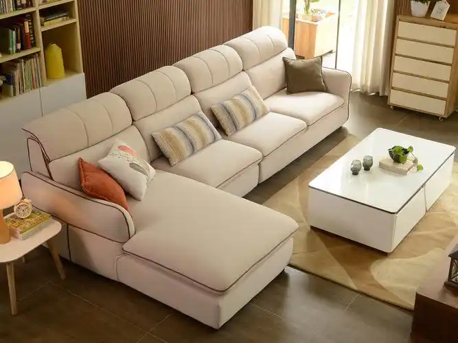 实木框架透气细棉布料 现代转角布艺沙发组合 客厅沙发米色1 3 右贵妃