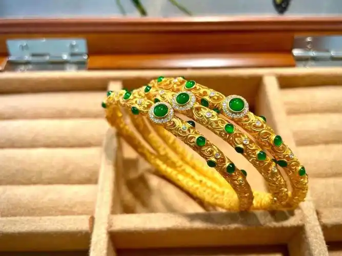 中国风18k金花丝工艺翡翠手镯现货3条