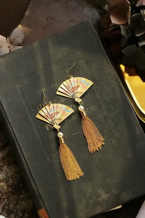 石七独立设计古董首饰中国国风宫廷铜扇流苏耳环