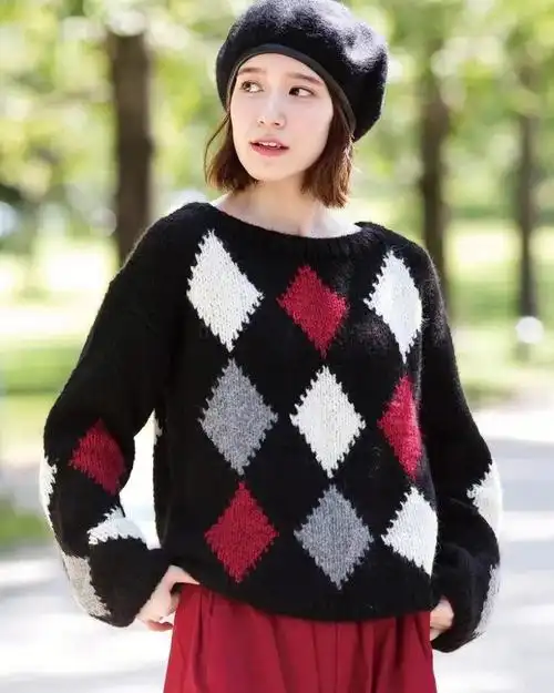 棒针编织图解菱形方块74提花宽松款套衫