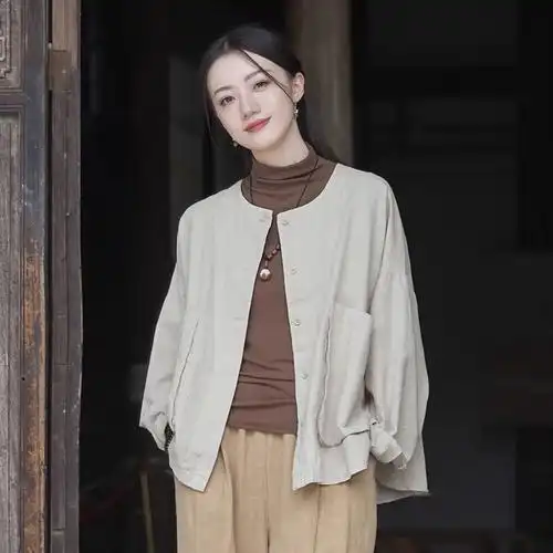 棉麻女装宽松百搭外套2024春季苎麻砂洗文艺上衣开衫长袖新品女式