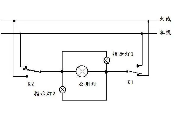 k1和k2为单刀双掷开关,这个电路常用在走廊灯控制.