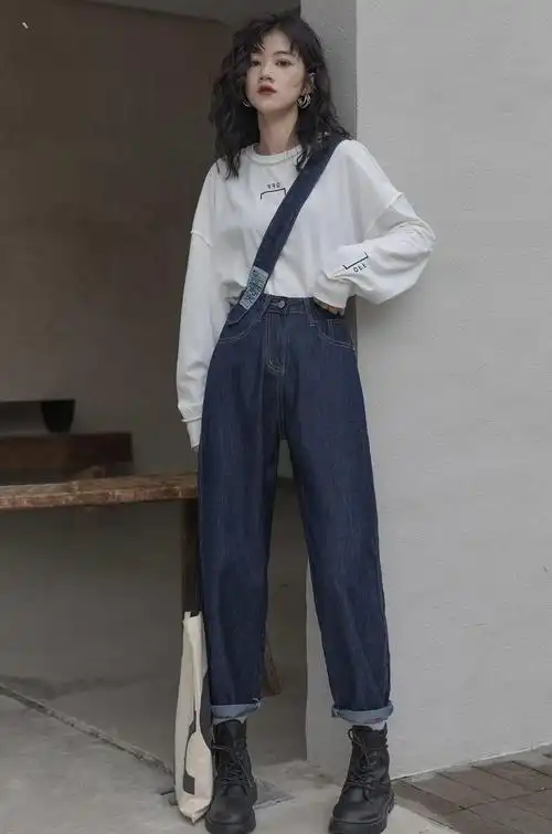 蓝色单肩牛仔背带裤女春秋设计感减龄休闲裤宽松高腰垂感直筒裤