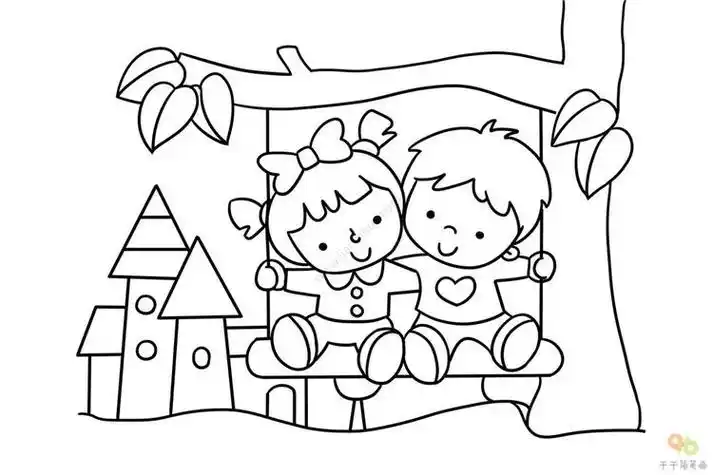 公园里荡秋千情景简笔画小孩子们一起荡秋千吧儿童画简笔画
