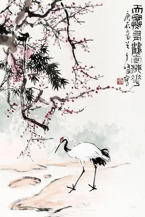 0555庚辰2000年作仙鹤镜框设色纸本