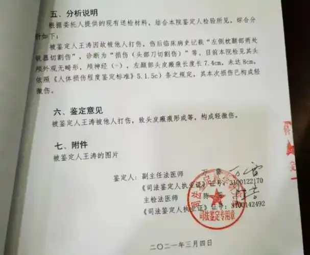 王涛的司法鉴定意见书.受访者供图