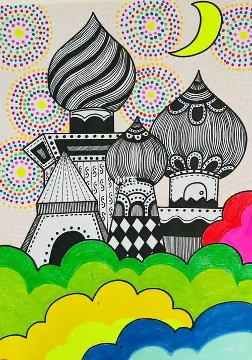 创意线描  #马克笔绘画  #创意美术儿童画  #线描  #城堡  #奇幻童话