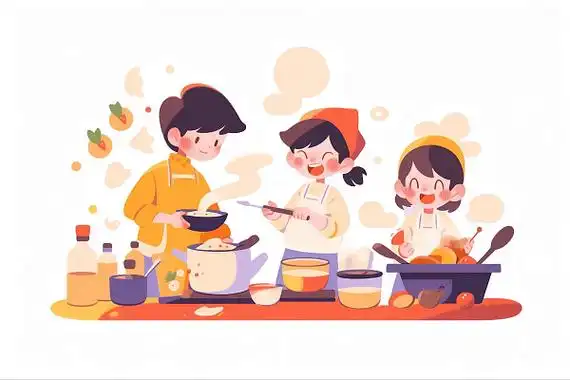 厨师们在做饭卡通ai插画儿童烹饪做菜