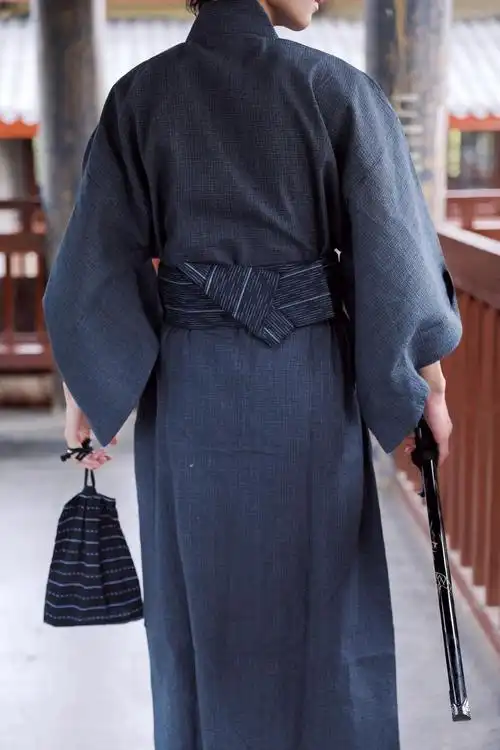 日本和服男服传统和服男士浴衣长袍浴袍桑拿服写真服装棉麻透气灰蓝色