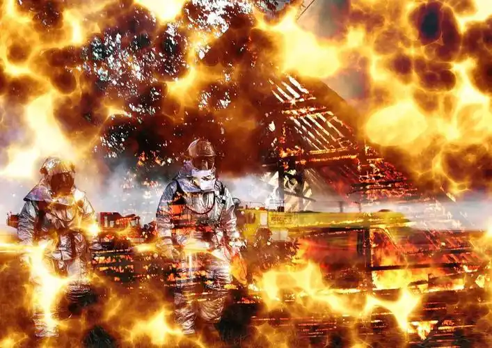 红黄灾害危急燃烧的火场和消防战士灭火火灾背景图片