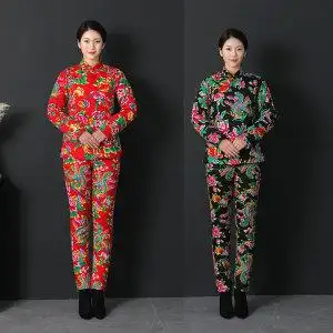 棉衣棉裤套装加厚纯棉花大花修身斜襟棉袄立领盘扣大襟棉服 