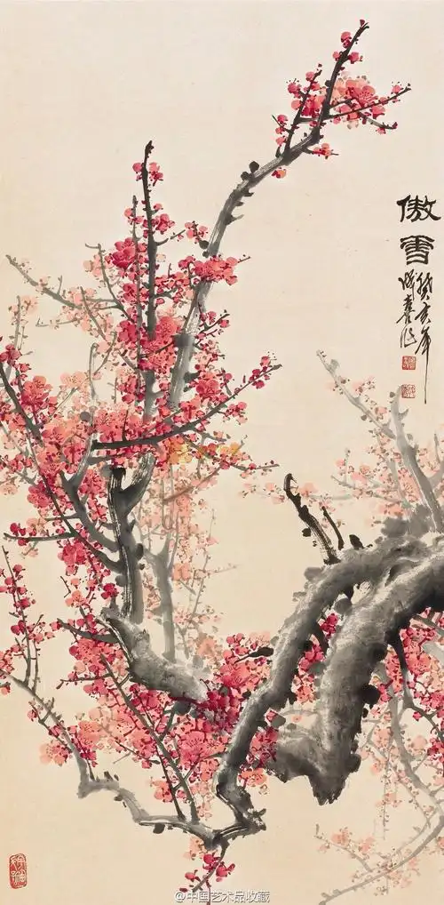 【 王成喜 《红梅图》 】王成喜画中的红梅异常茂盛,老干苍劲雄厚