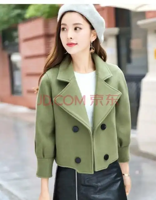 短款毛呢外套女春秋季新款韩版小矮个子女装上衣百搭夹克 淡绿色 xl