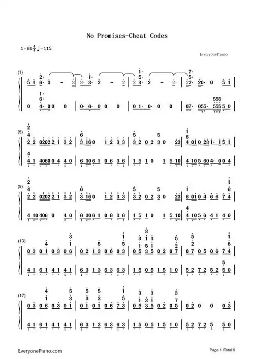 no promises-cheat codes-钢琴谱文件(五线谱,双手简谱,数字谱,midi