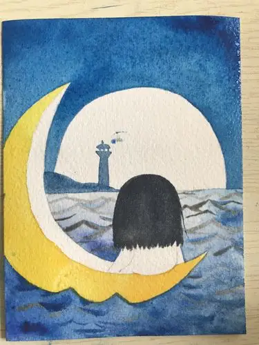 零基础水彩教程12月亮船上看月亮超易上手的简单唯美的小插画