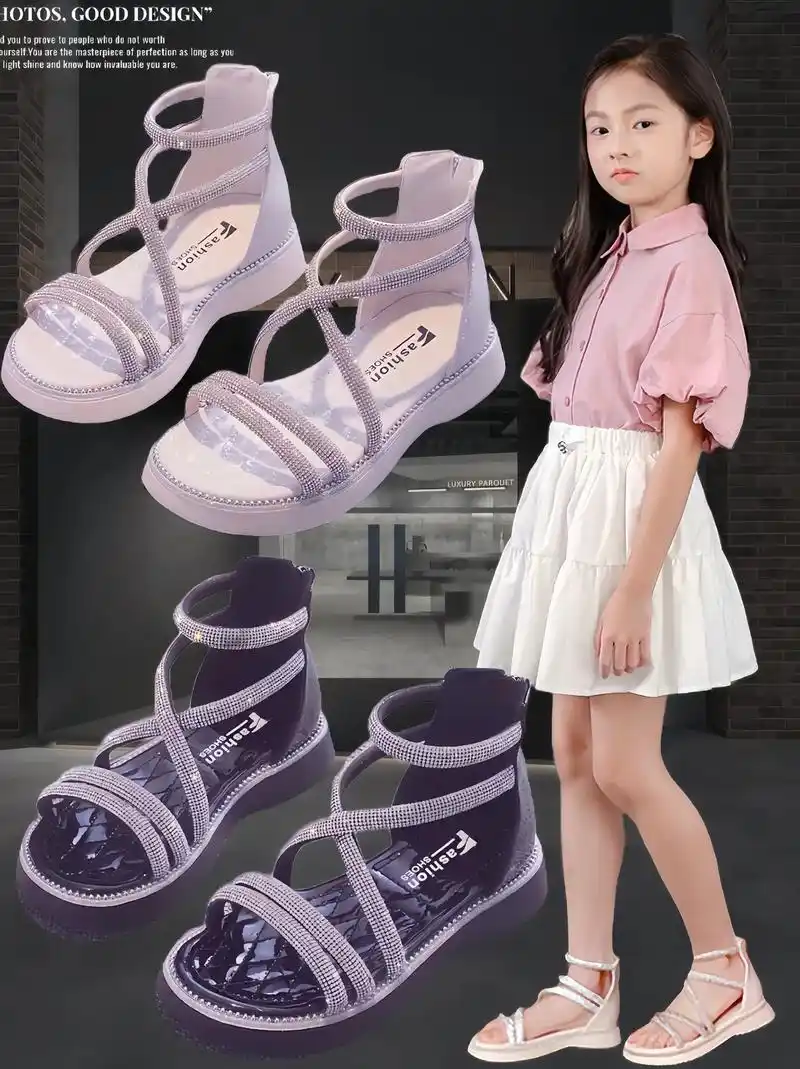 新款女童水钻罗马凉鞋来喽～～ 优质面料,搭配精美水钻,可爱防踢小