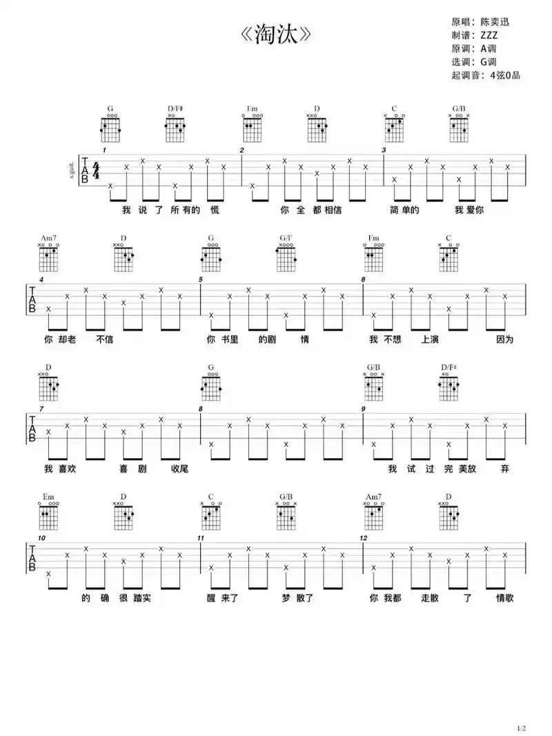 陈奕迅《淘汰》简单版吉他谱弹唱流行歌曲