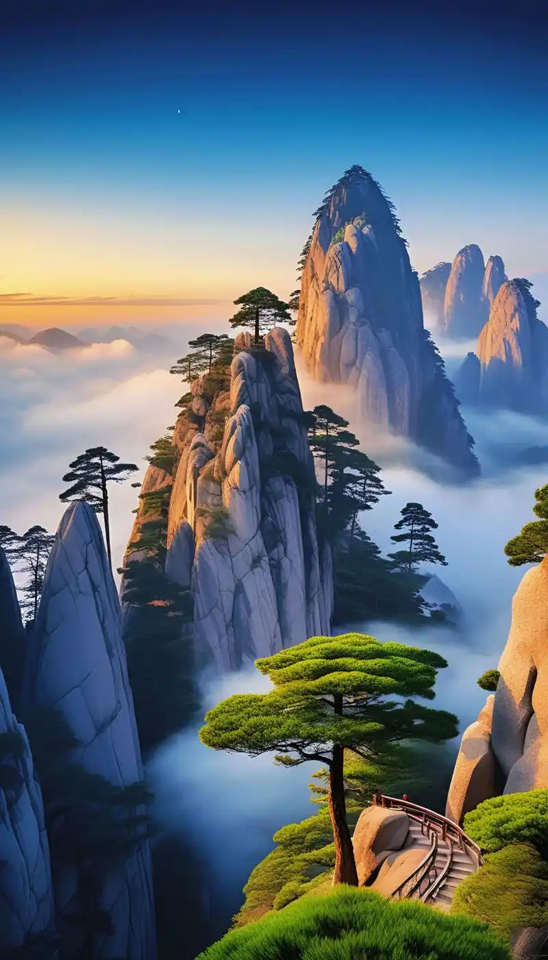 云雾缭绕在山间,让黄山的峰峦若隐若现,配上自然美好的山体颜色,奇松