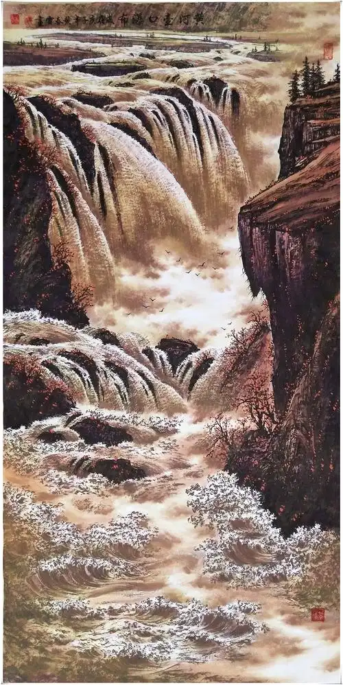 黄春雷画黄河系列-中华情,母亲河,峡谷响春雷,河道升紫烟