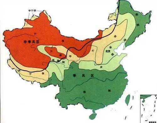 中国干湿区分布图,季风非季风分布图,南方 北方 西北 青藏分布图,雨带