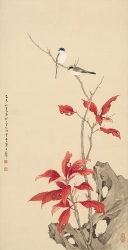 国画花鸟条幅黄君壁红叶双禽宣纸画艺术微喷复制国画
