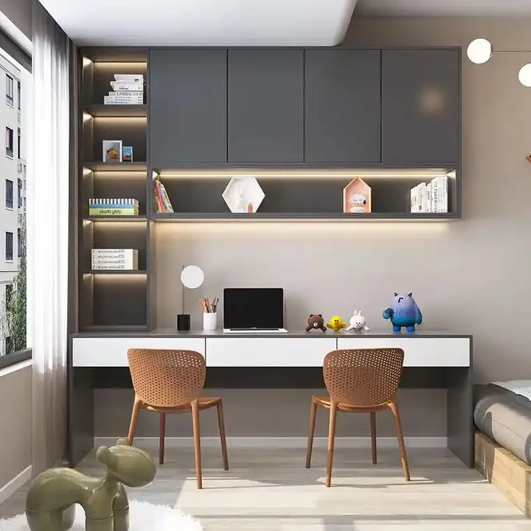 双人书桌书架书柜一体轻奢现代电脑桌卧室儿童书桌大长学习桌定制
