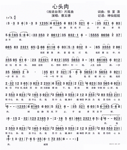 心头肉 戏说台湾 片尾曲 献给亲爱的母亲 蔡义德 歌谱 简谱