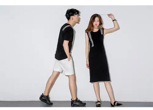 连衣裙女时尚黑色ol无袖中裙韩国情侣装夏男士度假出游短袖海边衫