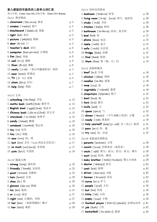 人教版新版小学四年级上册英语单词表,精校版,采用与原版教材相同的