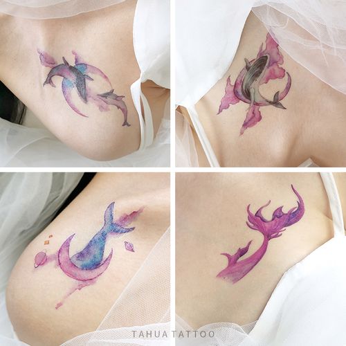 她画 超美梦幻 鲸落星沉 鲸鱼尾巴人鱼图案 女防水持久纹身贴锁骨