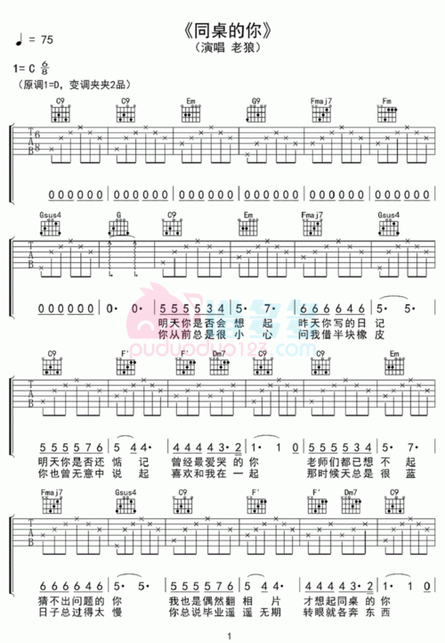 老狼《同桌的你》吉他谱1