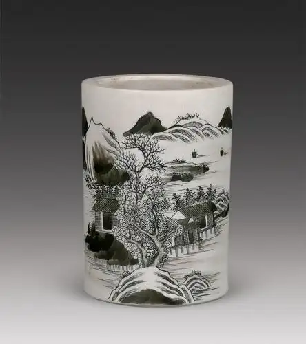 【清 墨彩山水人物笔筒】拍卖品_图片_价格_鉴赏_清代其它彩釉瓷器