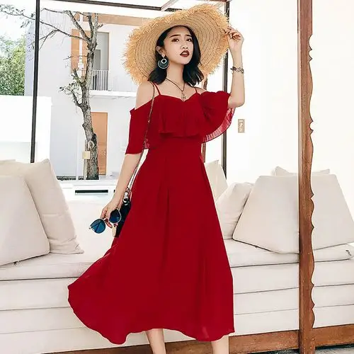 大红色雪纺吊带裙沙滩裙沙漠拍照衣服女夏季海边度假一字肩连衣裙