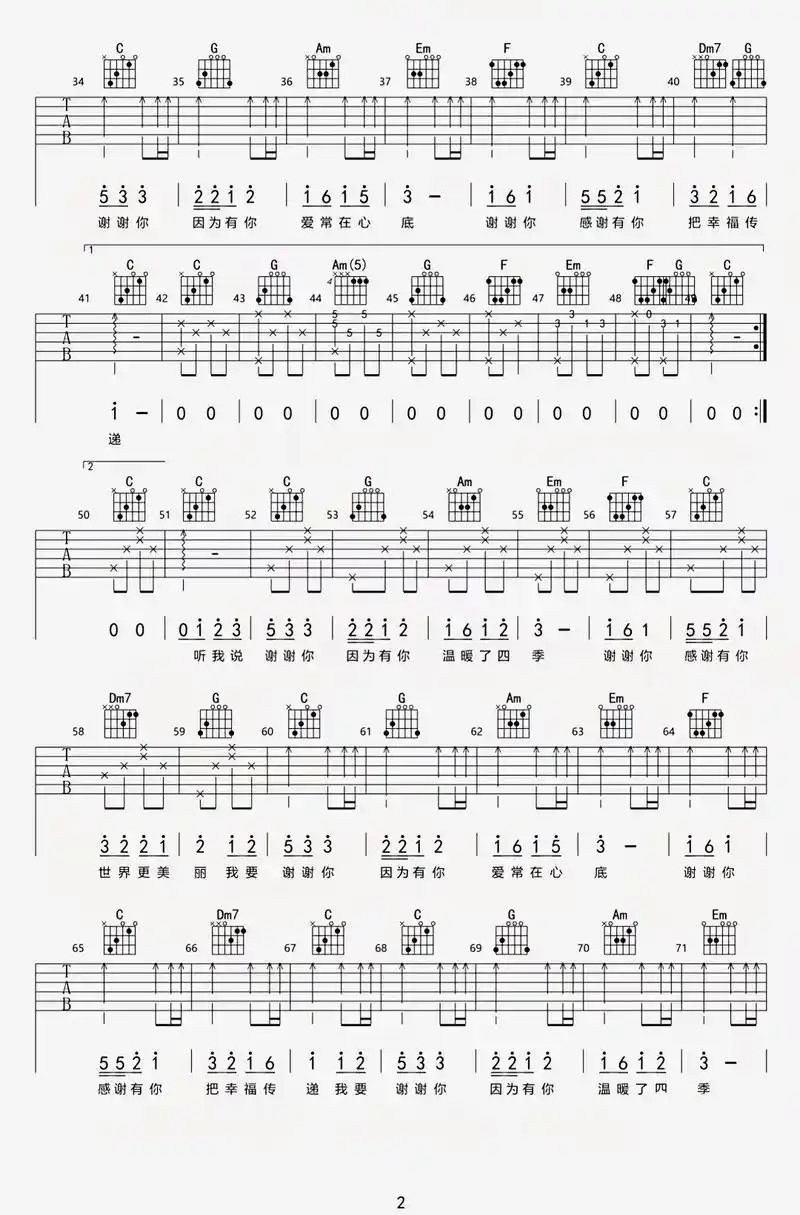 听我说谢谢你吉他弹唱简谱 - 抖音