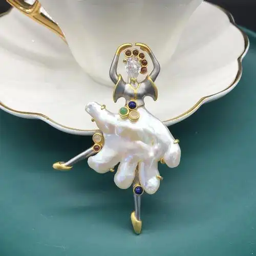 特价原创设计款镶嵌珠宝首饰 天然主石巴洛克异形珍珠吊坠女胸针