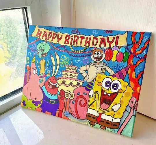 丙烯画海绵宝宝生日派对比奇堡的parrty