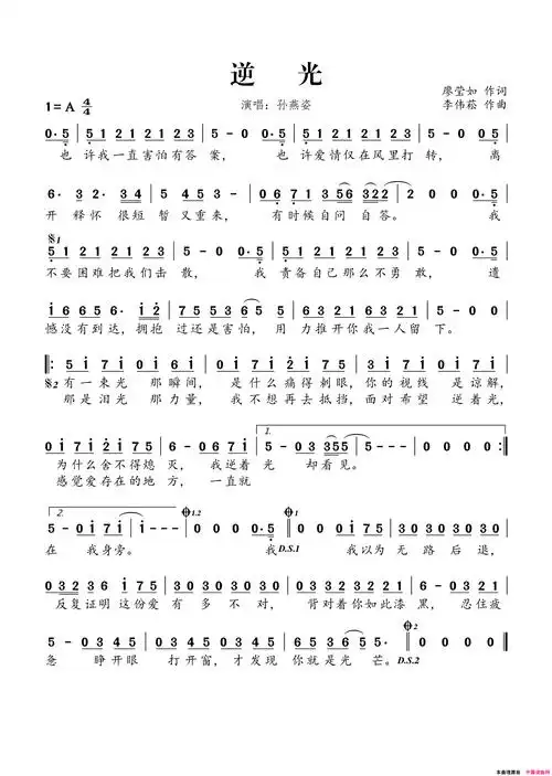 逆光简谱-孙燕姿演唱-廖莹如/李伟崧词曲-歌谱网