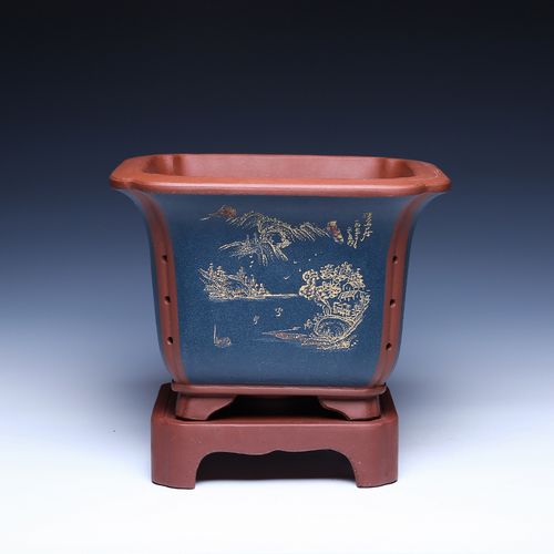 紫砂兰花盆带托盘精品陶瓷票口四方大号室内高档宜兴紫砂花盆精致