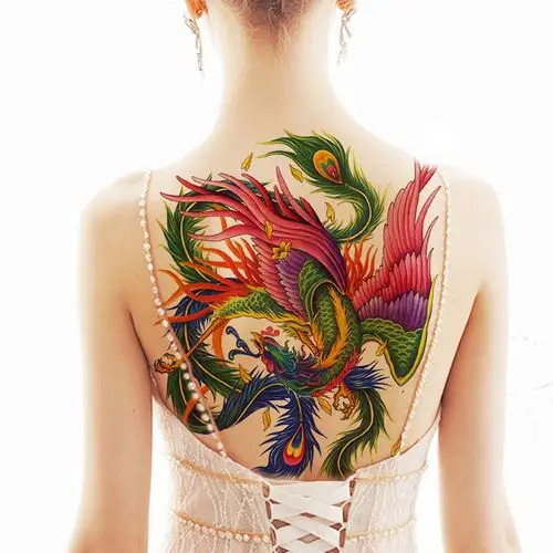 凤凰神鸟满背后背大图防水持久男女仿真刺青纹身贴纸