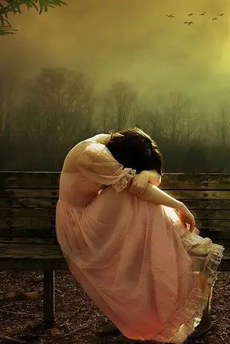 壁纸 悲伤的女孩,粉红色的裙子,长凳,森林 2560x1600 hd 高清壁纸