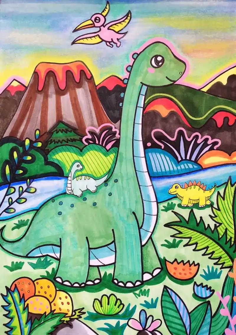 💙创意美术|恐龙世界|附线稿 甜甜甜工作室示范 ✨搬运请注明并