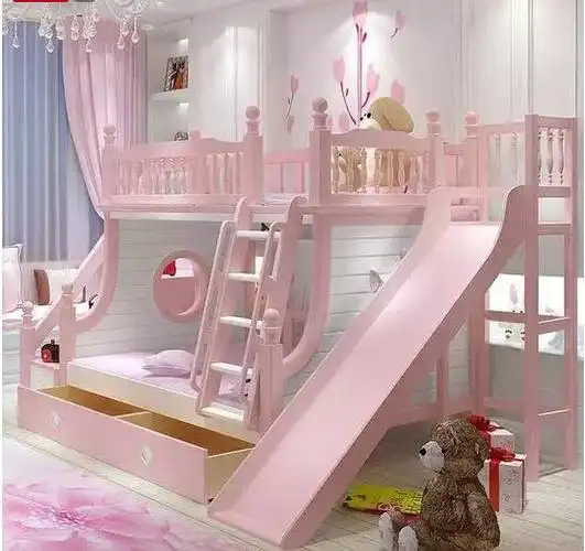 适合两个小公主,粉红色的世界,看上去超级甜美,上铺可以滑滑梯下来