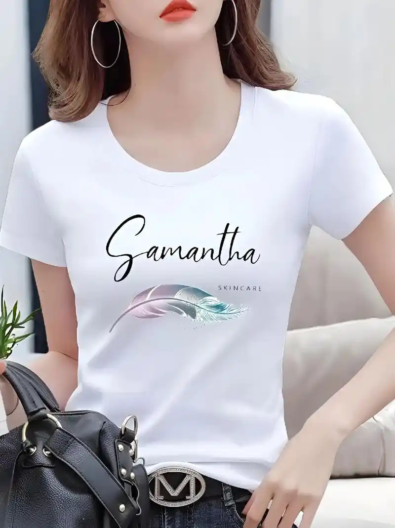 宝子们～这件新款韩版印花短袖t恤来喽,修身又显瘦,时尚洋气又百搭