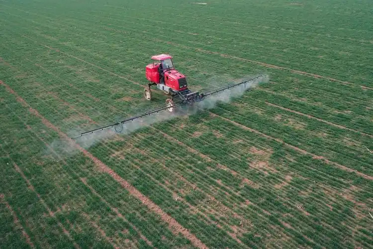 19日,河南省焦作市温县番田镇大金香村农民在麦田间驾驶农机喷洒农药