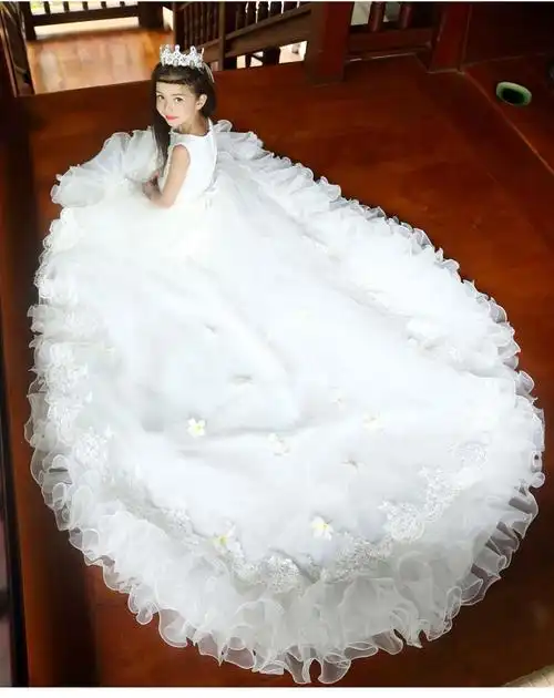 儿童婚纱裙拖尾女孩公主裙女童拖地长裙小学生小朋友婚纱礼服走秀